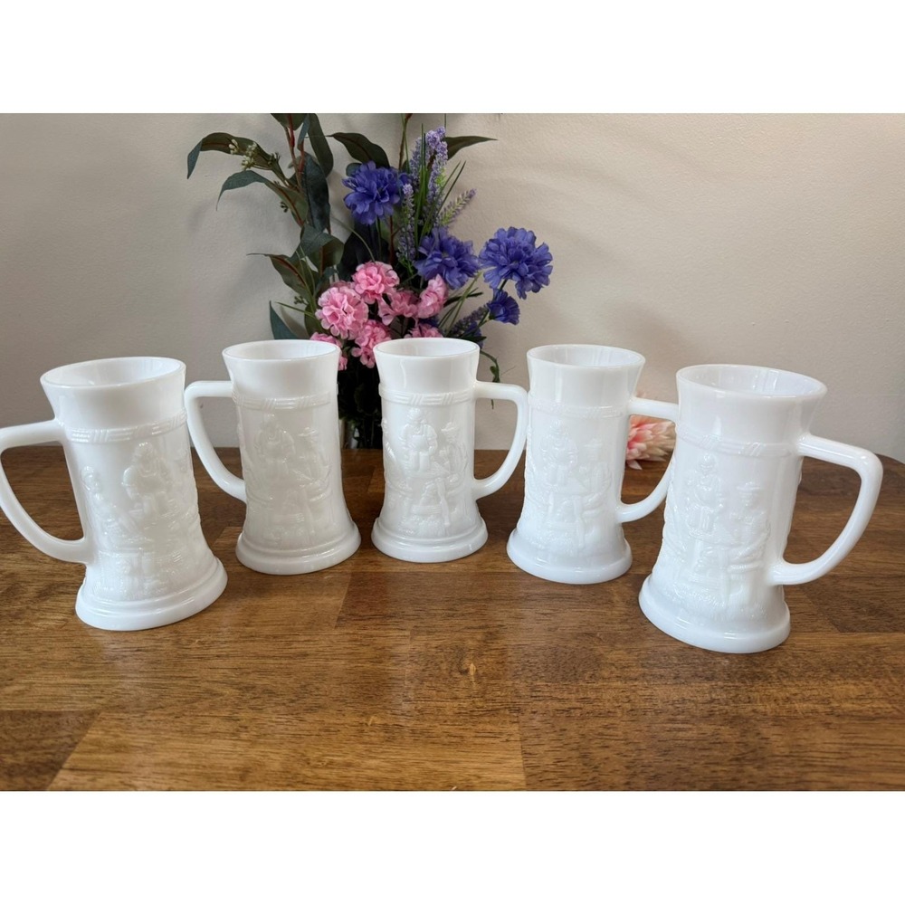 Vintage Federal Glass Milk Glass Beer Steins 5 Colonial Tavern Scene Embossed